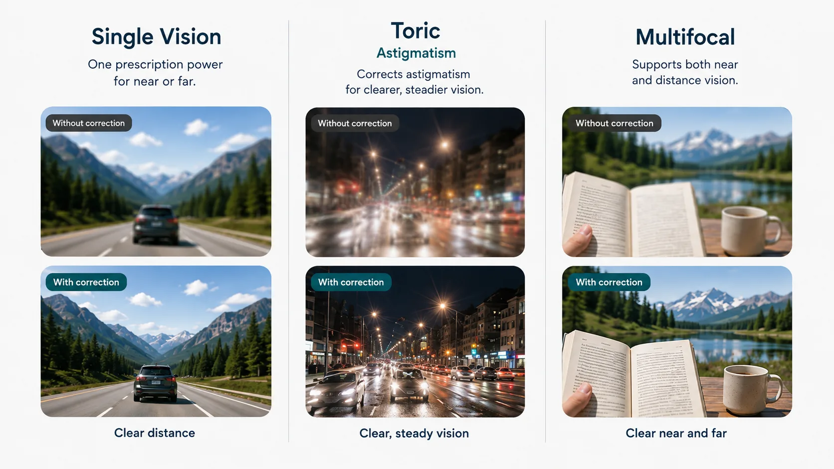 Comparison of vision with and without correction for single vision, toric (astigmatism), and multifocal contact lenses