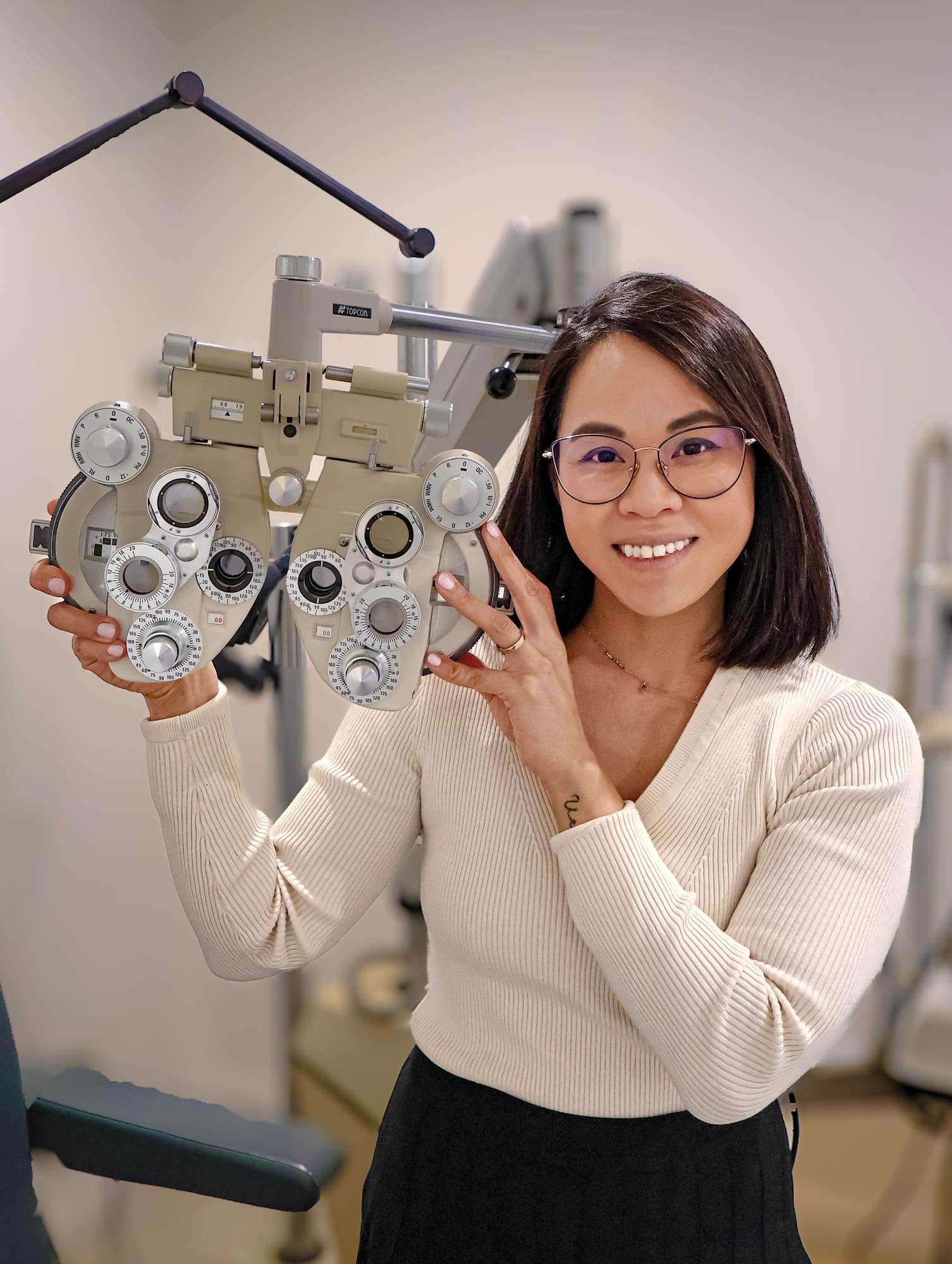 Dr. Sarah Fong with diagnostic equipment at Boardwalk Eye Care in Cambridge, Ontario