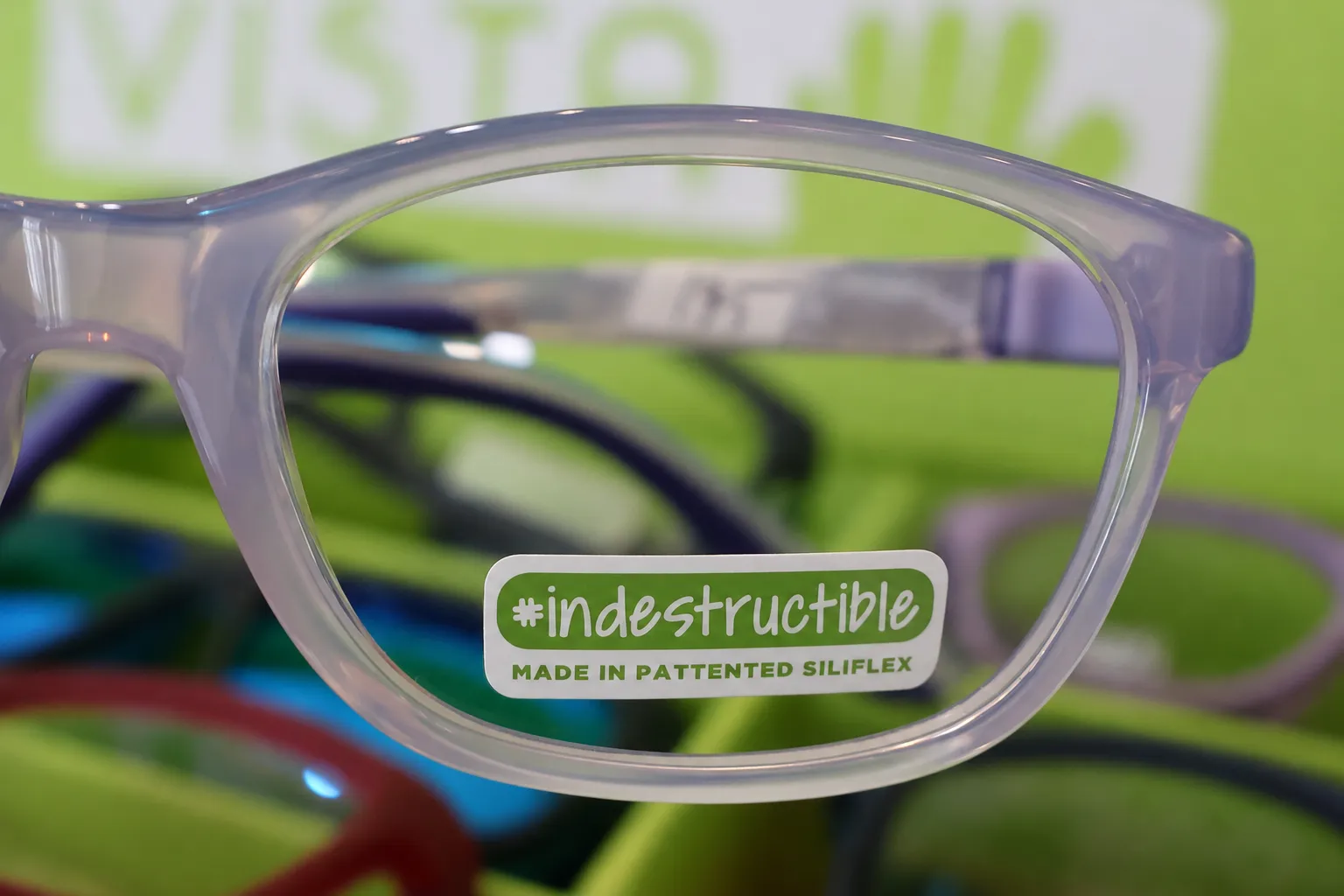 Close-up of a flexible Nano Vista kids' frame showing its indestructible Siliflex material