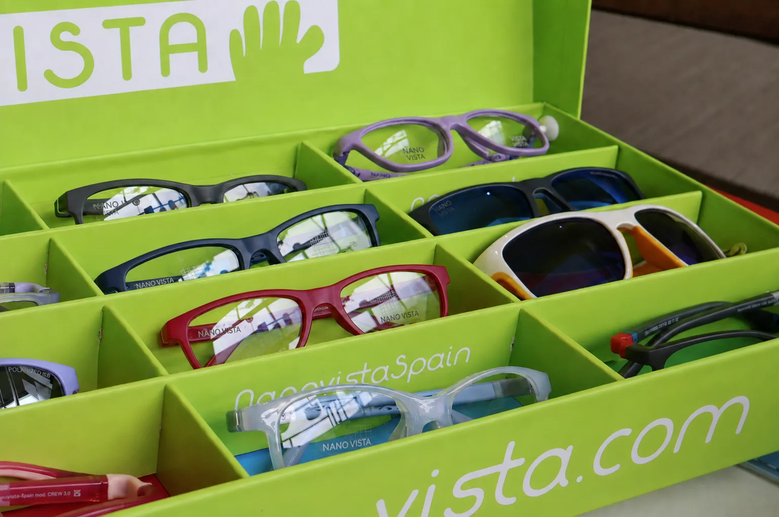Display of colourful Nano Vista children's glasses at Boardwalk Eye Care in Cambridge, Ontario