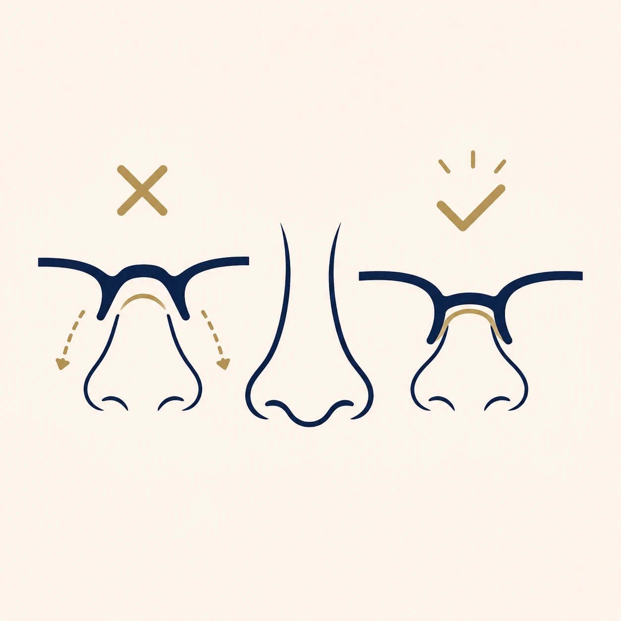 Diagram comparing an adult-shaped glasses bridge, which slides down a child's nose, against a properly fitted kids' bridge that sits and stays