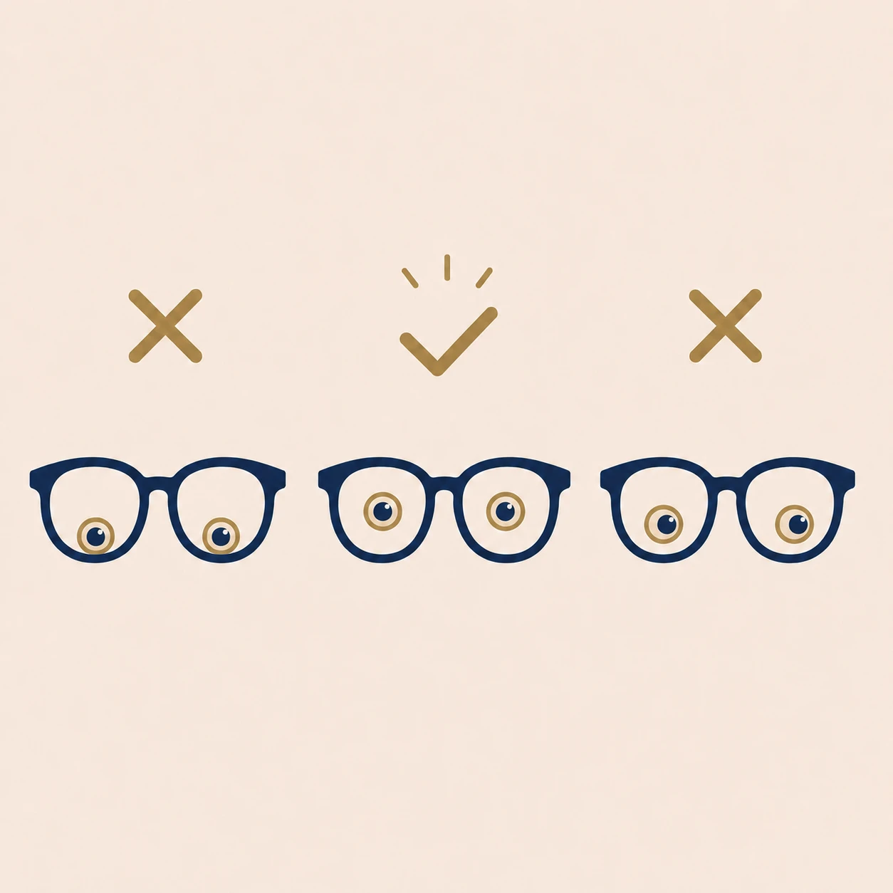 Diagram showing eyes correctly centred within the lens versus positioned too high or too low